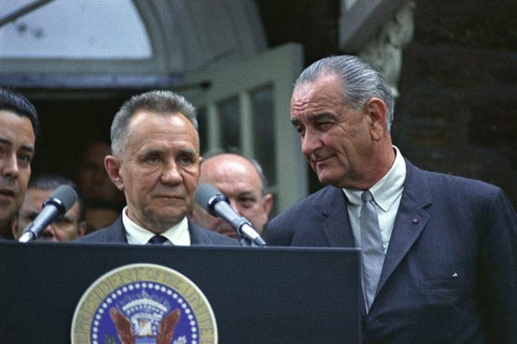 Soviet Premier Alexei Kosygin with U.S. President Lyndon B. Johnson at the Glassboro Summit Conference where the two representatives discussed the possibilities of a peace settlement.