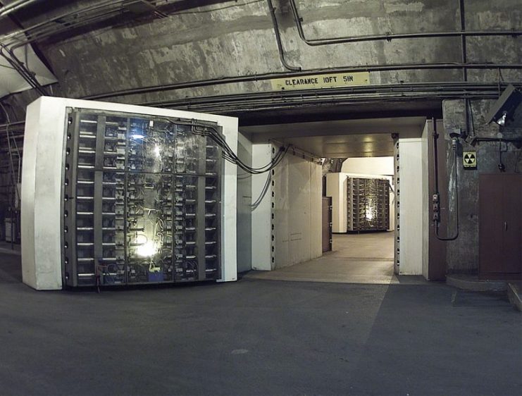 25-ton blast door in the Cheyenne Mountain nuclear bunker is the main entrance to another blast door (background) beyond which the side tunnel branches into access tunnels to the main chambers.