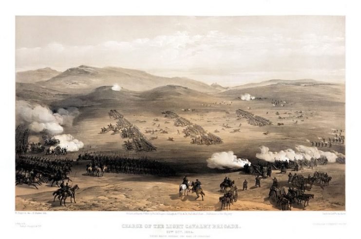 The Charge of the Light Brigade at Balaklava by William Simpson (1855), illustrating the Light Brigade’s charge from the Russian perspective.