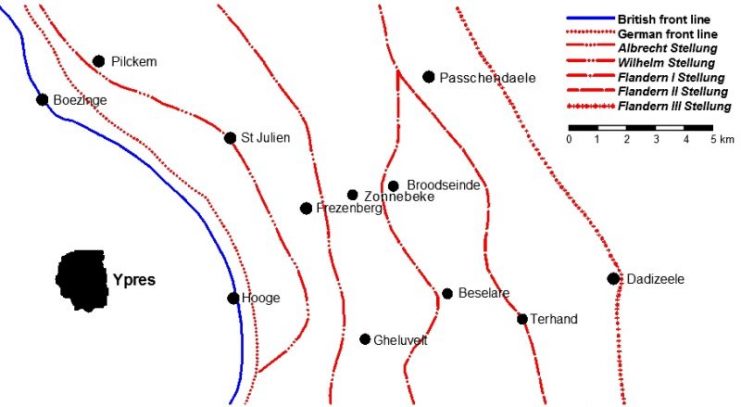 The British front line and the German defences in the area east of Ypres, mid-1917, with the active Albrecht Stellung, Wilhelm Stellung, Flandern I Stellung, Flandern II Stellung and Flandern III Stellung. Photo: ViennaUK CC BY-SA 4.0