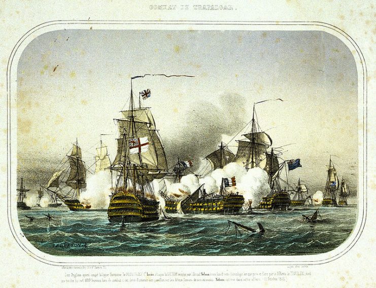 Redoutable during the late stages of the battle, dismasted and attacked by two larger ships.