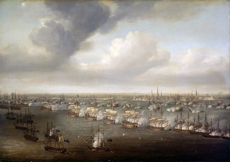 Battle of Copenhagen, by Nicholas Pocock. Nelson’s fleet exchanges fire with the Danes, with the city of Copenhagen in the background.