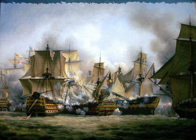 The Redoutable at the battle of Trafalgar, between the Victory (on the left) and the Temeraire on the right.Photo: Louis-Philippe Crépin CC BY-SA 3.0