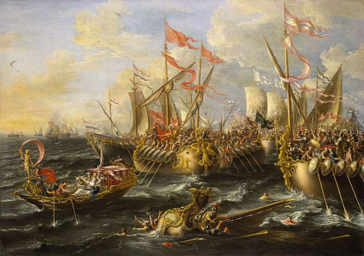 A baroque painting of the battle of Actium by Laureys Castro, 1672.National Maritime Museum, UK