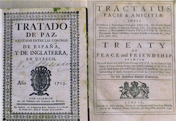A first edition of the Treaty of Utrecht, 1713, in Spanish (left), and a copy printed in 1714 in Latin and English (right).