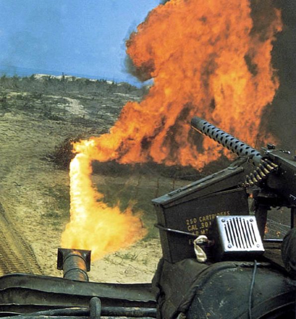 A US Marine Corps M67 flame-thrower tank in action.