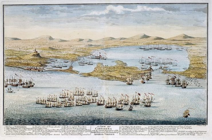 A View of Cartagena with the several dispositions of the British Fleet under the Command of Admiral Vernon.
