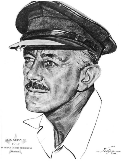 A charcoal drawing reprint of Alec Guinnes after winning an Academy Award in 1957.