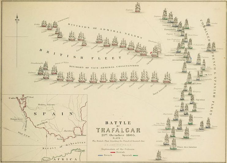An 1848 plan of the fleet positions at the Battle of Trafalgar. Temeraire forms part of the weather column, and is depicted abreast of the Victory, racing her for the Franco-Spanish line.