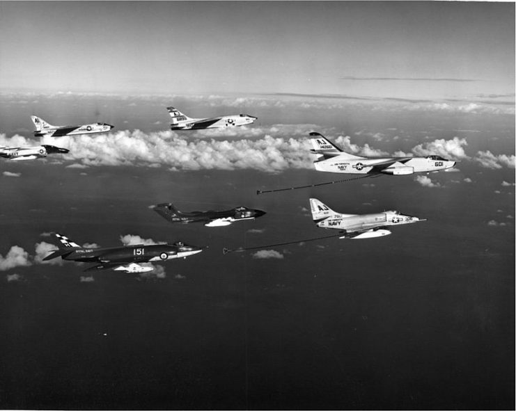 An 803 NAS Scimitar from HMS Hermes with US Navy aircraft over the Mediterranean Sea