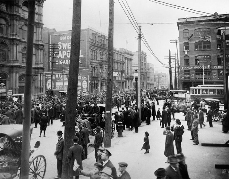 Anti-conscription parade at Victoria Square, Montreal, Quebec, Canada.