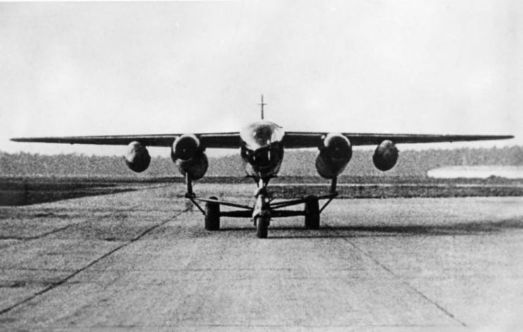 Arado Ar 234 V3 fitted with tricycle take-off trolley and auxiliary rocket booster units