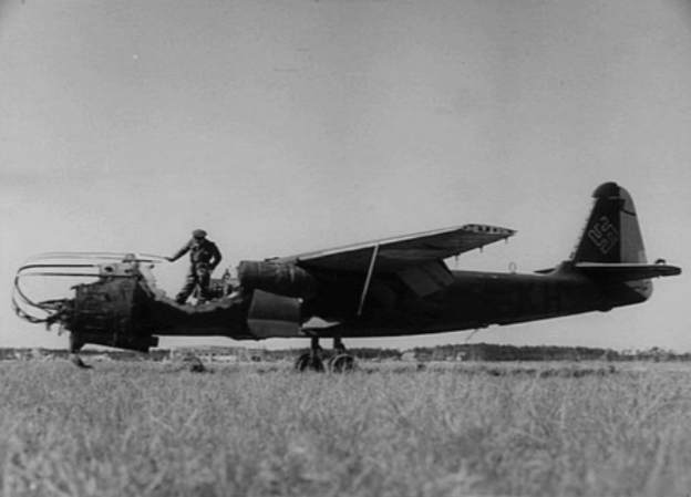 An Arado Ar 234 jet propelled aircraft destroyed on the airfield at Rheine, Germany.