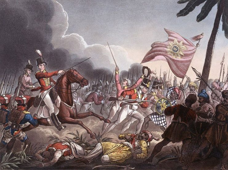 Arthur Wellesley (mounted) at the Battle of Assaye (engraving after William Heath). Wellesley later remarked that it was his greatest victory.