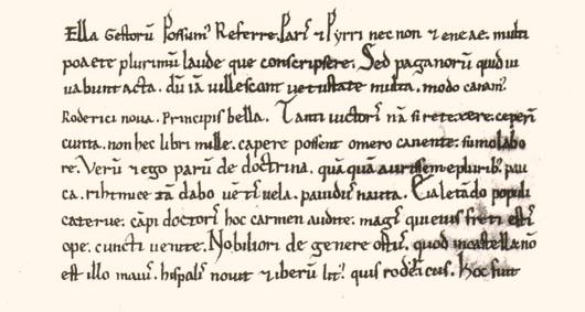 First paragraph of the Carmen Campidoctoris, the earliest literary treatment of El Cid’s life, written to celebrate El Cid’s defeat of some counts and champions Photo by Infinauta -CC BY-SA 3.0