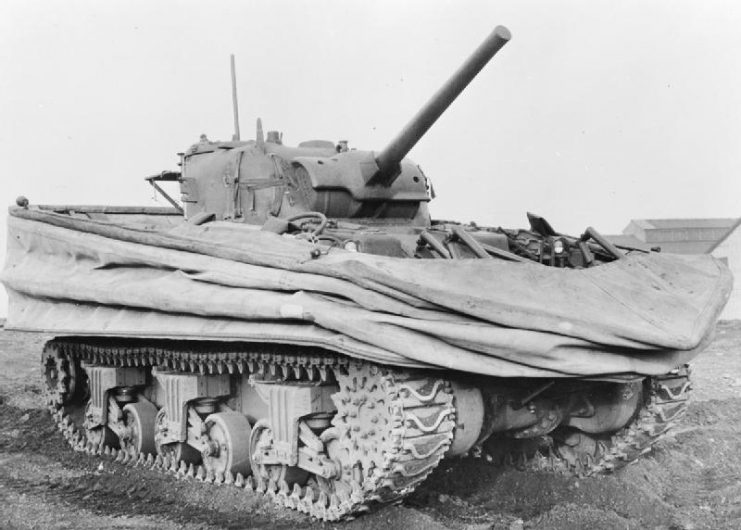 Specialist tanks known as Hobart’s Funnies were used to support the landings at Gold. This example is a DD-modified M4 Sherman.
