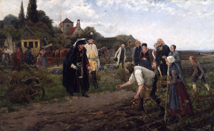Frederick the Great inspects the potato harvest outside Neustettin (now Szczecinek, Poland), Eastern Pomerania