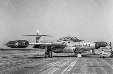 Scorpion in Fresno California July 1957, with front of rocket pods exposed