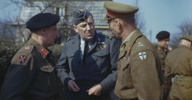 Field Marshal Sir Bernard Montgomery (left), Air Marshal Sir Arthur Coningham (centre) and Lieutenant General Sir Miles Dempsey in preparation of Operation Varsity (22nd March 1945)