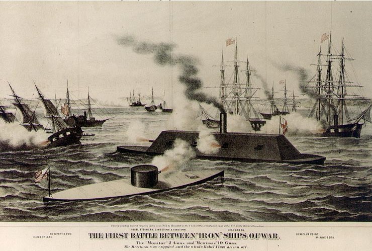 First Battle of Iron Ships of War by Henry Bill. Shown are USS Monitor, CSS Virginia, USS Cumberland, CSS Jamestown, USS Congress, and USS Minnesota