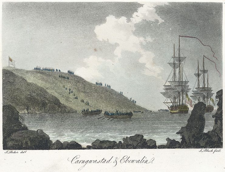 French forces landing at Carregwastad on 22 February 1797. From a lithograph first published in May 1797 and later colored