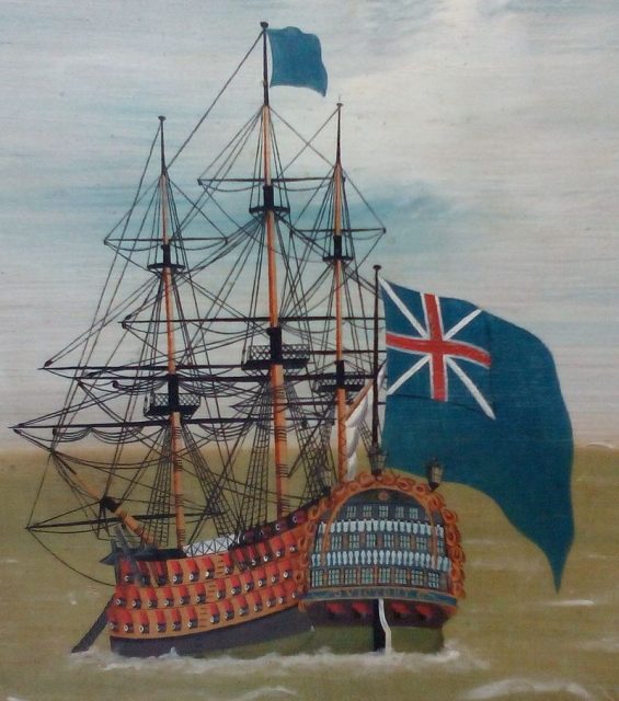 Victory flying the Blue Ensign (with the pre-1801 Union Jack), from The Fleet Offshore, 1780–90, an anonymous piece of folk art now at Compton Verney Art Gallery in Warwickshire.