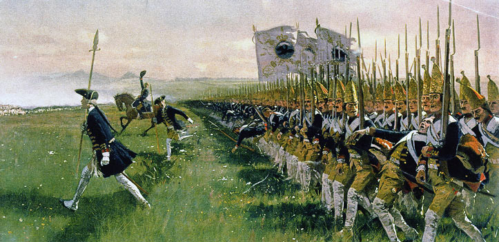 Prussian infantry advancing in line and column formation at the Battle of Hohenfriedberg in 1745