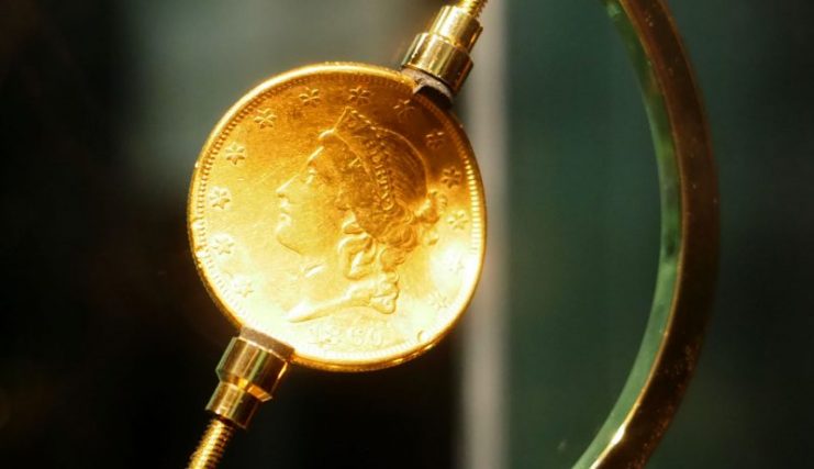 The lucky gold coin on show at the Hunley submarine exhibition in Charleston, South Carolina, USA. (Geoff Moore)