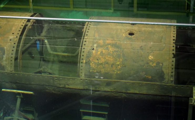The Hunley submarine in its sodium hydroxide preservation bath the crank can be clearly seen left, Charleston, South Carolina, USA. (Geoff Moore)