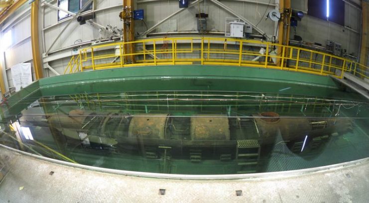 The Hunley submarine in its sodium hydroxide preservation bath Charleston, South Carolina, USA. (Geoff Moore)