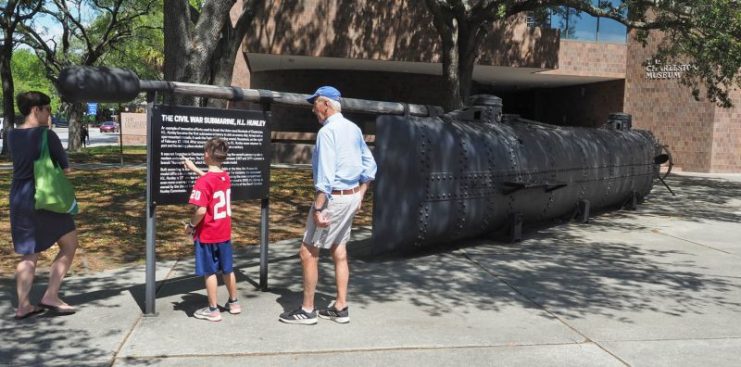 The replica of the Hunley submarine outside Charleston Museum, Charleston, South Carolina, USA. (Geoff Moore)