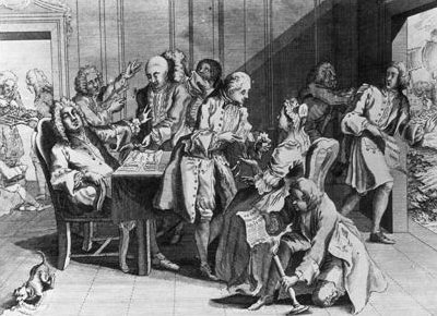 Robert Jenkins hands a dismissive Prime Minister Robert Walpole his severed ear, as his companions lift off his wig to show the scar. Satirical Cartoon, 1738, British Museum