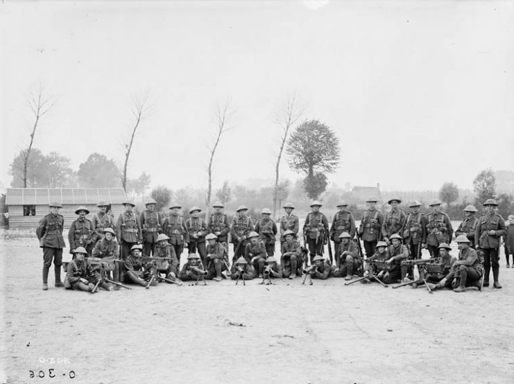 Machine Gun Section, 2nd Battalion of the Canadian Expeditionary Force, at Scottish Lines near Poperinhge, not far from Ypres, after fighting at Sanctuary Wood and Maple Copse, July 16, 1916