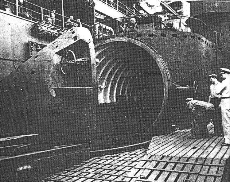 Members of the US Navy inspecting the plane hangar of I 400.