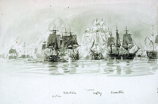 Redoutable (second from left) overtakes Neptune (far left), rushing to cover the aft of Bucentaure (far right) from Nelson’s Victory (centre).