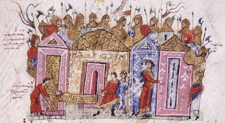 Near-contemporary depiction of Byzantine Varangian Guardsmen, in an illumination from the Skylitzes Chronicle.
