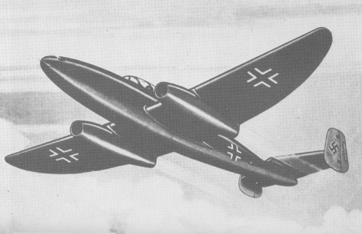 Illustration of the Heinkel He 280, the first jet-powered fighter to fly.