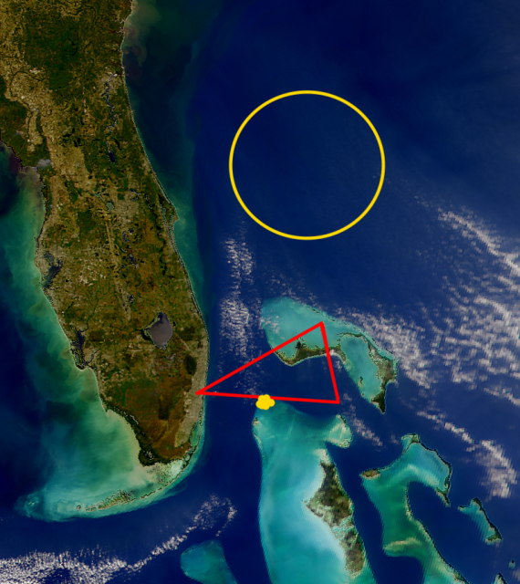 Raster map of Flight 19. Red- planned route, yellow points. exercise bombing, yellow circle- vanishing of flight 19.