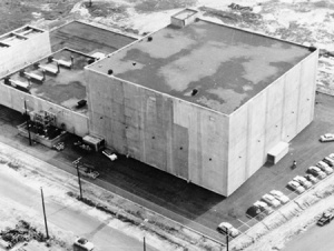 The SAGE building at McGuire Air Force Base, circa 1958. On the far left are cooling towers for the generators located in the (low) middle building.