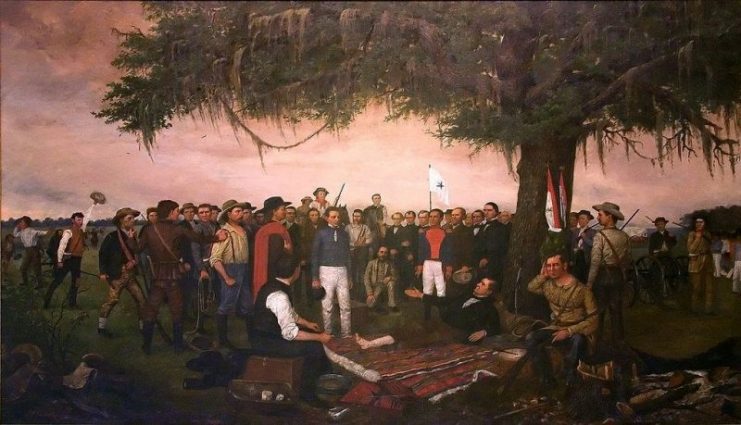 “Surrender of Santa Anna” by William Henry Huddle shows the Mexican president and general surrendering to a wounded Sam Houston after the Battle of San Jacinto.