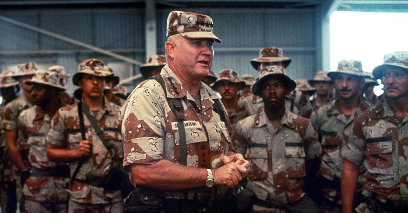 Schwarzkopf speaks with troops supporting Operation Desert Shield in 1991