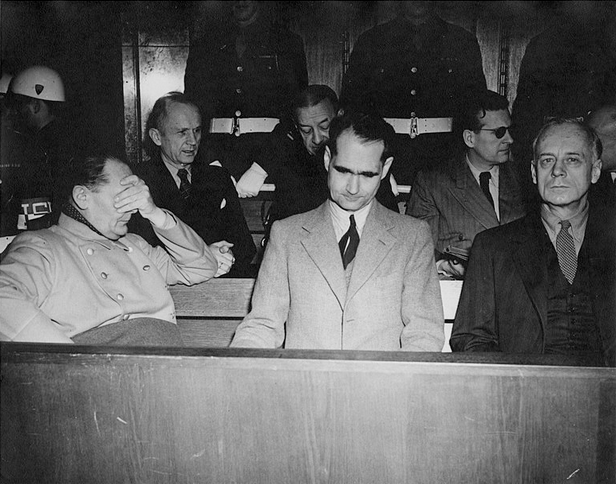 Defendants at the Nuremberg War Crimes Trials. Hermann Goring (on the left)