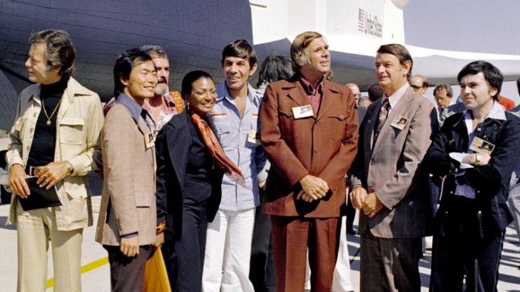 Gene Roddenberry (third from the right) in 1976 with most of the cast of Star Trek at the rollout of the Space Shuttle Enterprise at the Rockwell International plant at Palmdale, California