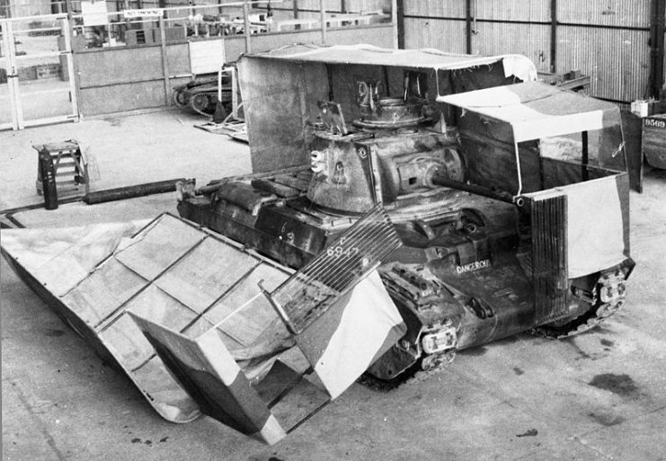 A ‘sunshield’ covering half a Matilda II tank at a workshop of the Middle East Command Camouflage Development and Training Centre, Helwan, Egypt in 1941, as used in Operation Bertram.