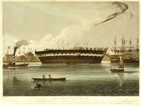 Temeraire laid up at Beatson’s Yard, Rotherhithe, by artist J. J. Williams, 1838–39