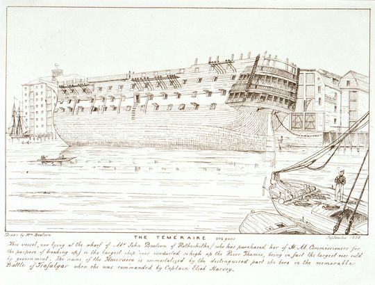 The Temeraire 104 guns. This vessel, now lying at The wharf of Mr John Beatson of Rotherhithe, is their largest ship ever conducted high up the River Thames.