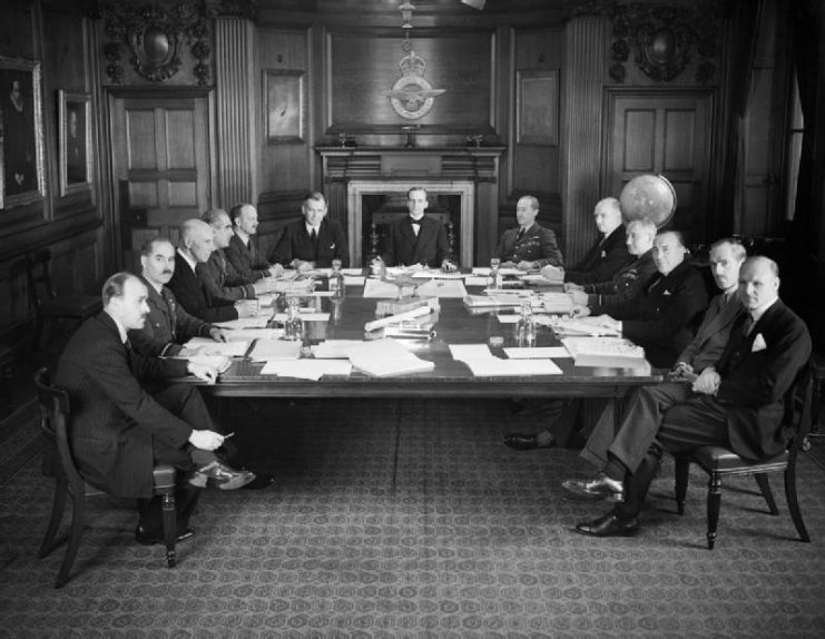 The Air Council in session at the Air Ministry in the Council Chamber at Adastral House, London.