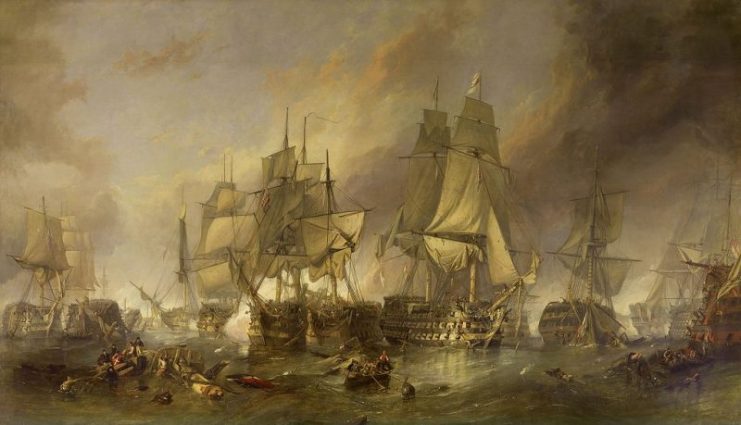 The Battle of Trafalgar, 1836 oil on canvas by Clarkson Frederick Stanfield. Stanfield shows the damaged Redoutable caught between Victory (foreground) and Temeraire (seen bow on).