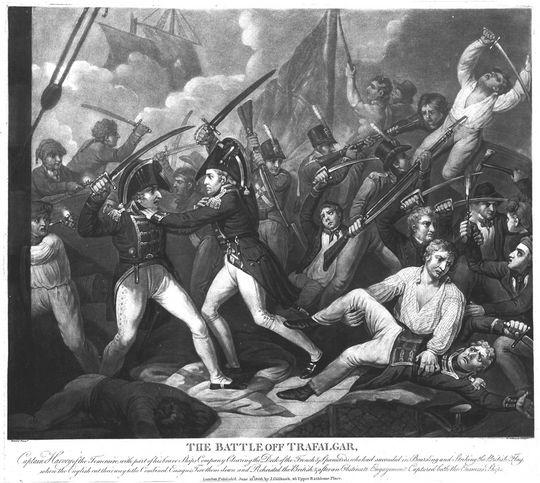The Battle of Trafalgar. Captain Harvey of the Temeraire … clearing the deck of the French and Spaniards