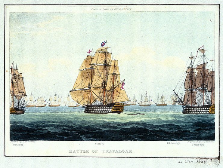 The beginning of the battle of Trafalgar. The frigate Euryalus, Nelson’s flagship Victory, and the 98-gun Temeraire are moving closer to the French-Spanish fleet.